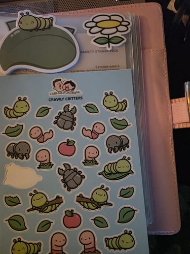 Reviewer's "Crawly Critters" sticker sheet from the subscription, shown inside a pink planner with other cute stickers.