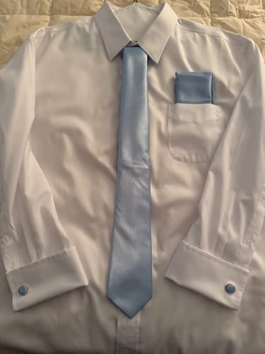 Customer photo review of Ties2you Tie Top Business Solid Light Blue Silk Mens Tie Pocket Square Cufflinks Set for Formal