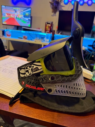 Customer's custom paintball mask, built with the bright highlighter volt JT Proflex goggle frame.