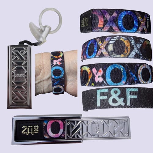 Customer's collage of the Mystery Subscription Reward Bracelet, showing it on a wrist, in its packaging, and with a silver tag.