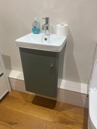 Customer photo review of Nuie Core 400mm Wall Hung 1-Door Vanity Unit & Basin - Satin Green