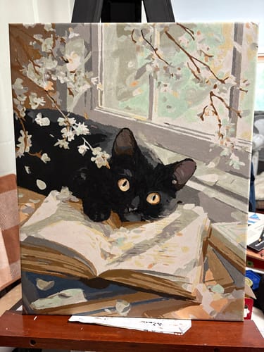 Customer's finished 'The story keeper' Paint by Number canvas showing a black cat on a book.
