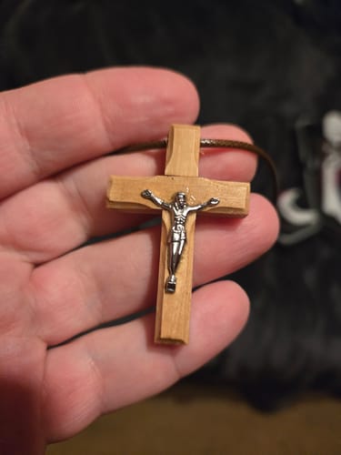 Customer photo review of Holy Land Orthodox Olive Wood Crucifix Pendant