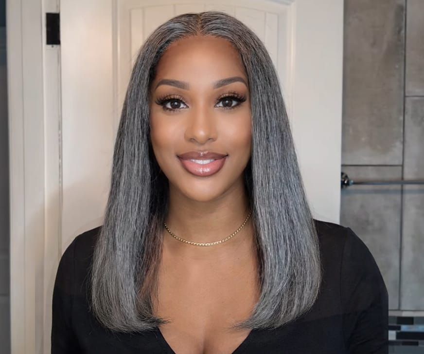 Customer photo review of Luvwin 5x5 Salt And Pepper Glueless Gray Color Pre-Cut Lace Straight Bob Wig For Black Women