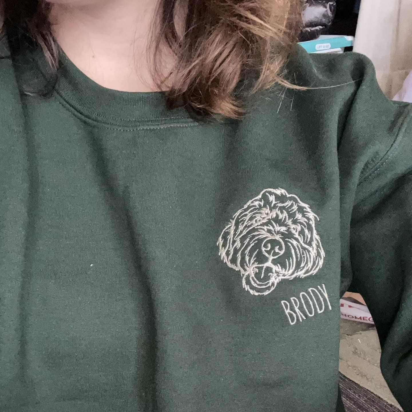 Customer photo review of Embroidered Pet Face and Pet Name on Sleeve Sweatshirt for Pet Lovers