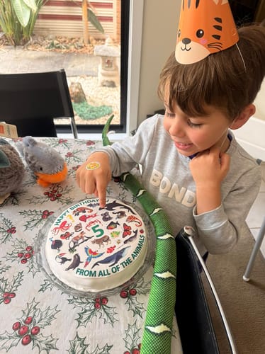 A customer's child happily points at a birthday cake featuring the custom Edible Icing Image with a colorful animal theme.