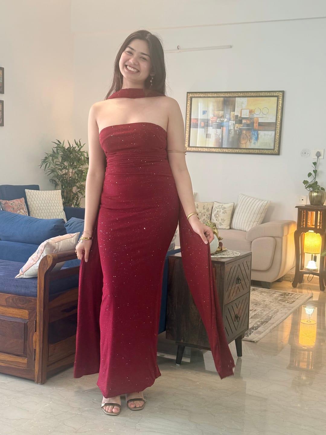 Customer photo review of Marisa Shimmer Maxi Dress With Scarf