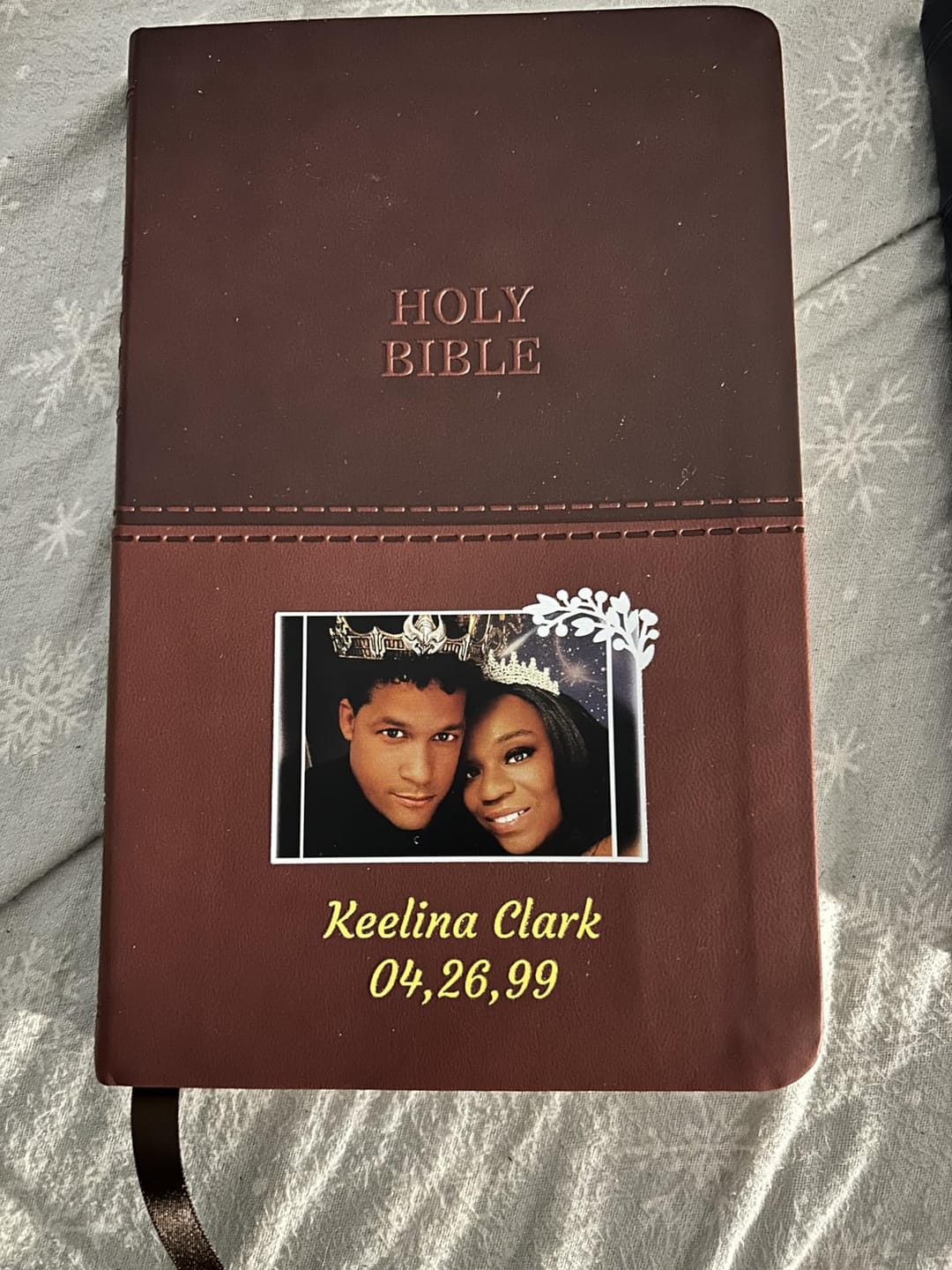 Customer photo review of Personalized KJV Bible Brown Thinline - Photo & Text - Red Letter