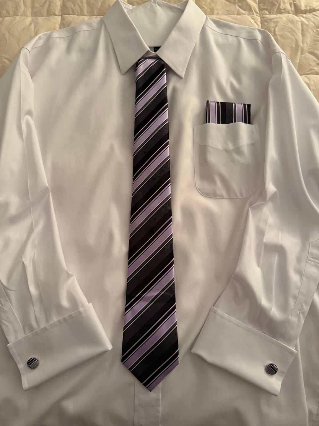 Customer photo review of Black Purple Striped Men's Necktie Pocket Square Cufflinks Set