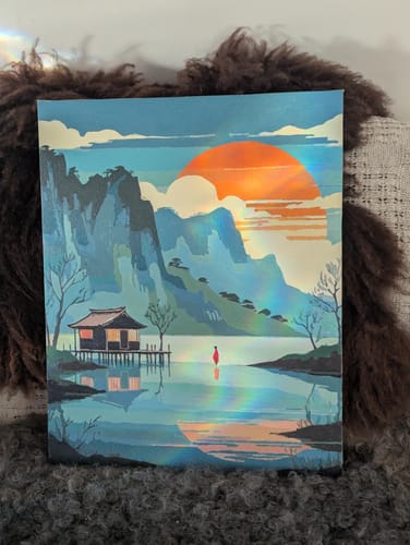 Customer's completed painting from the Japanese Mountain Lake Sunset paint by numbers kit.