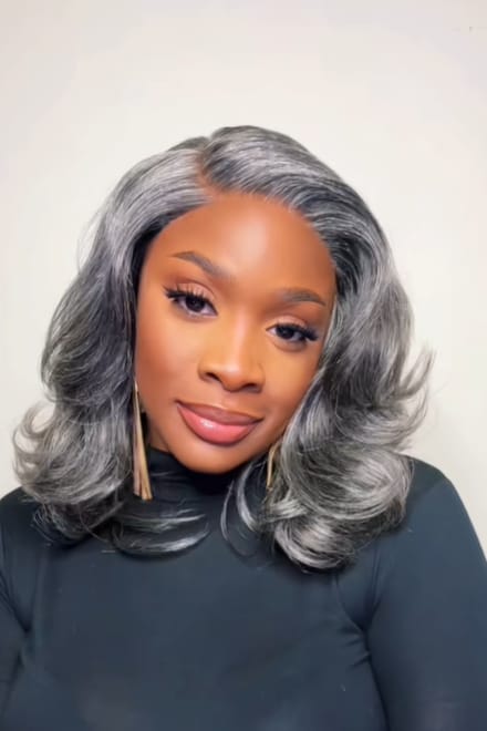 Customer photo review of Luvwin Salt & Pepper Layered Blowout Wave Beginner Friendly Glueless  Gray Wig 100% Human Hair