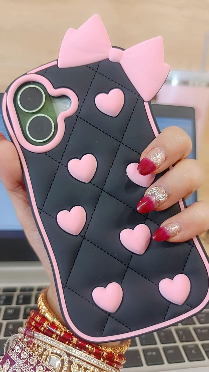 Customer photo review of 3D iPhone Samsung Vivo Pre-Order Black Pink Heart Bow Rubber Silicone Case