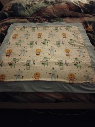 Customer's handmade blanket using the light blue Plain Brushed Cotton Fabric for the border.