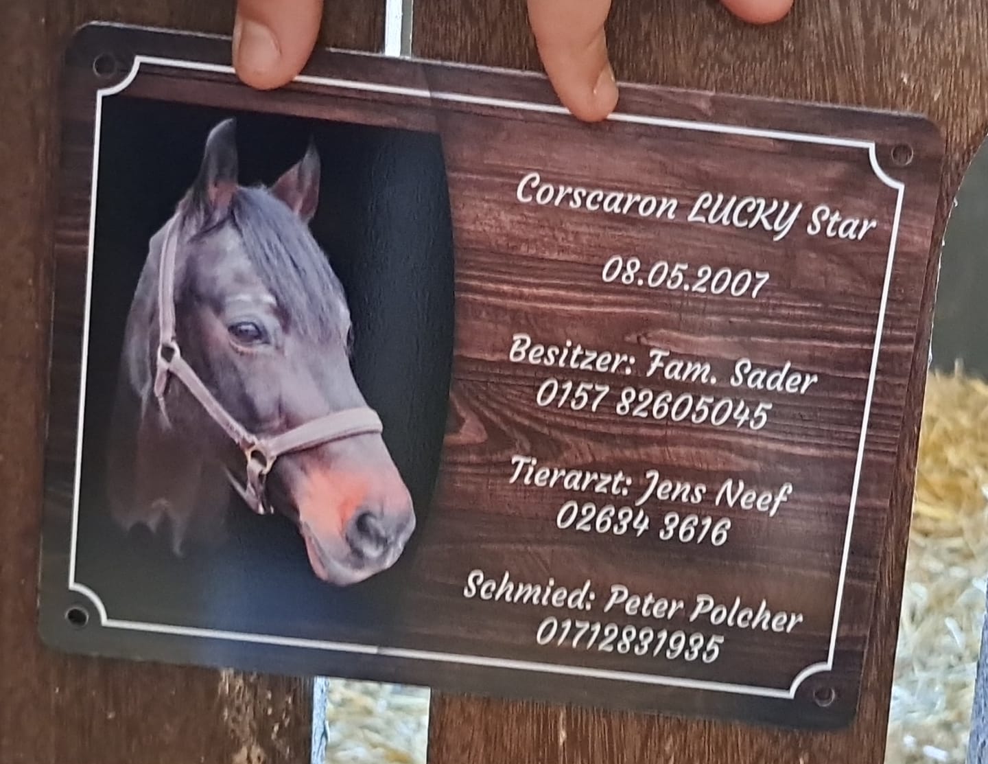 Customer photo review of Pferde Boxenschild mit Foto & Wunschtext (UV- und wetterfest)