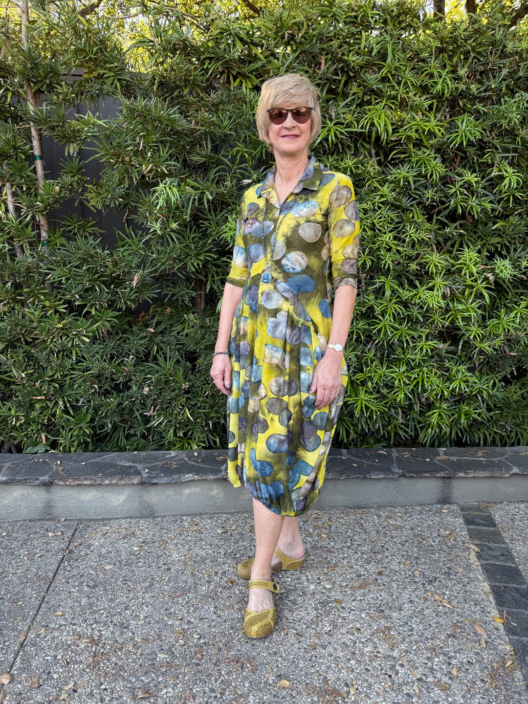 Customer photo review of Meadowlark Draped Pockets Dress, Gold/Ocean Dots
