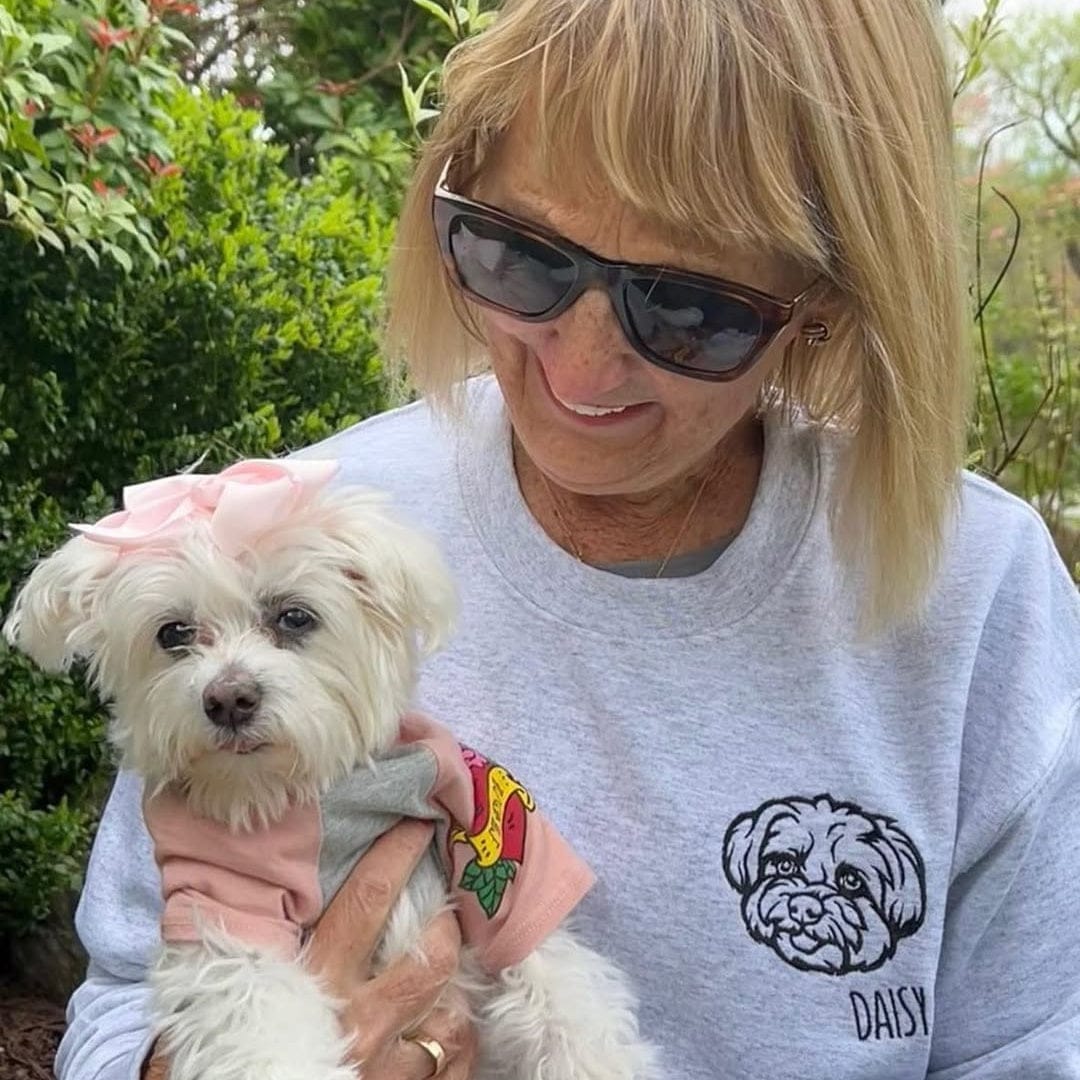 Customer photo review of Embroidered Pet Face and Pet Name on Sleeve Sweatshirt for Pet Lovers