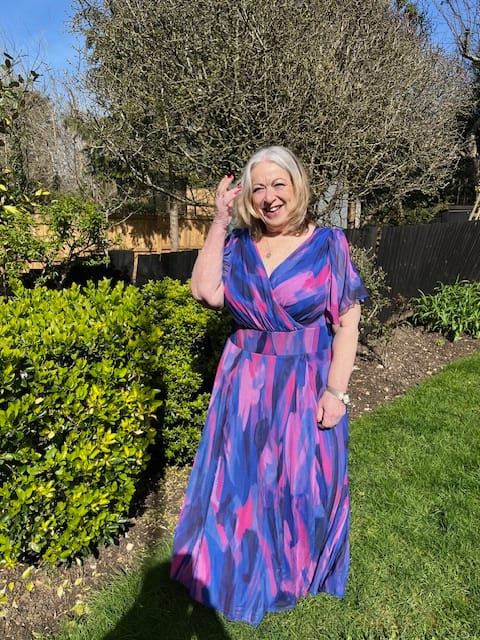 Customer photo review of Victoria Blue Pink Brush Angel Sleeve Mesh Long Midi Dress