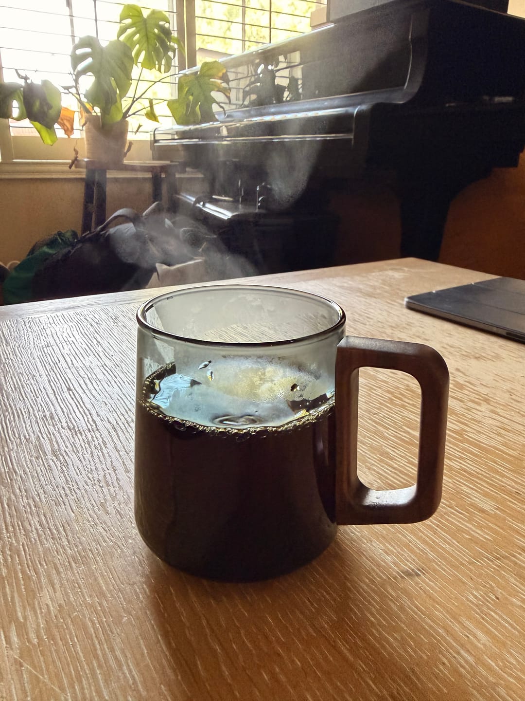 Customer photo review of Smokey Gray Glass Slanted Coffee Cups With Wooden Handle