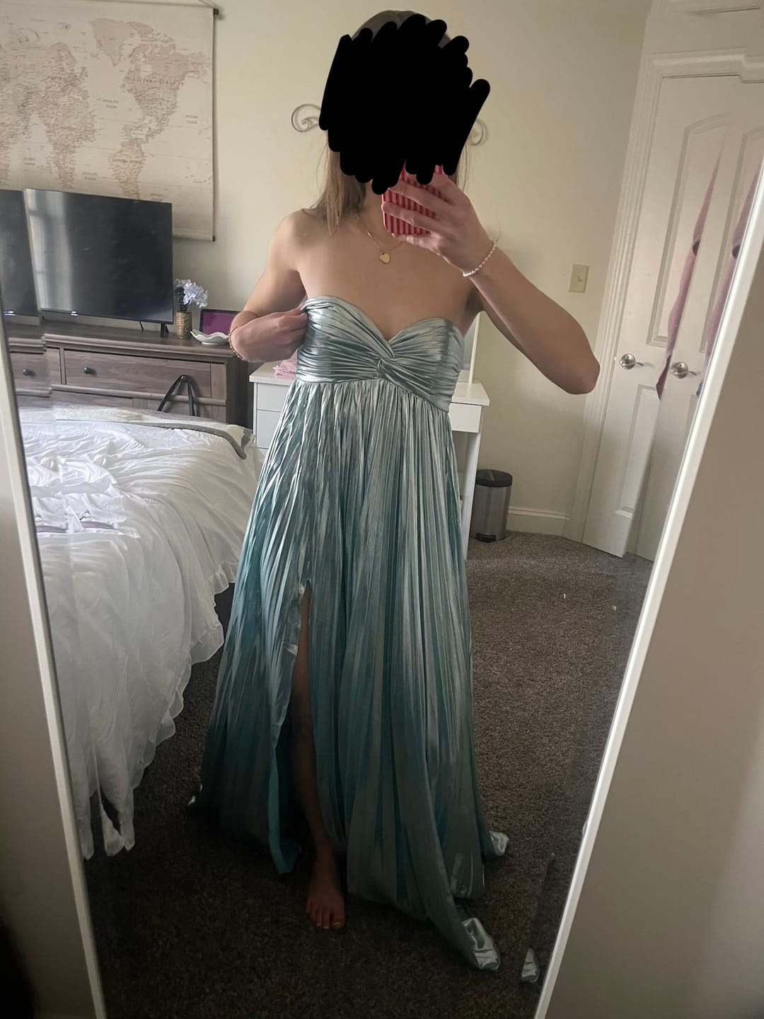 Customer photo review of Strapless Blue Pleated Metallic Long Dress with Slit