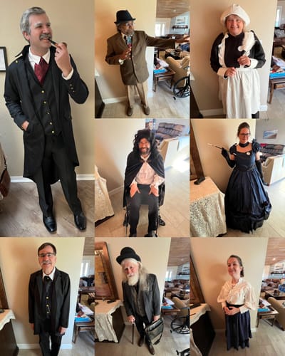 Customer collage of nine people in elaborate Victorian costumes for the Sherlock Holmes Murder Mystery Game.