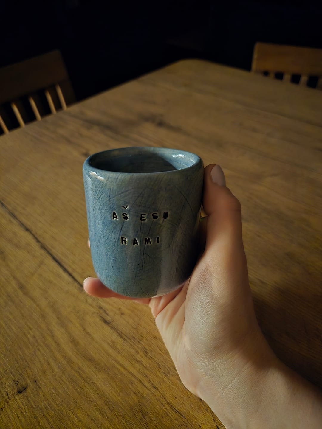 Customer photo review of Small blue affirmation mug AŠ RAMI