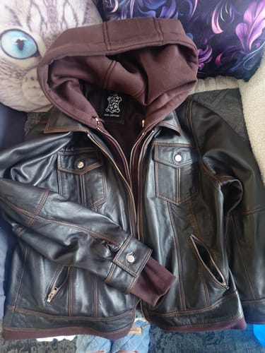 Customer photo review of Tralee Women Dark Brown Bomber Leather Jacket With Removable Hood
