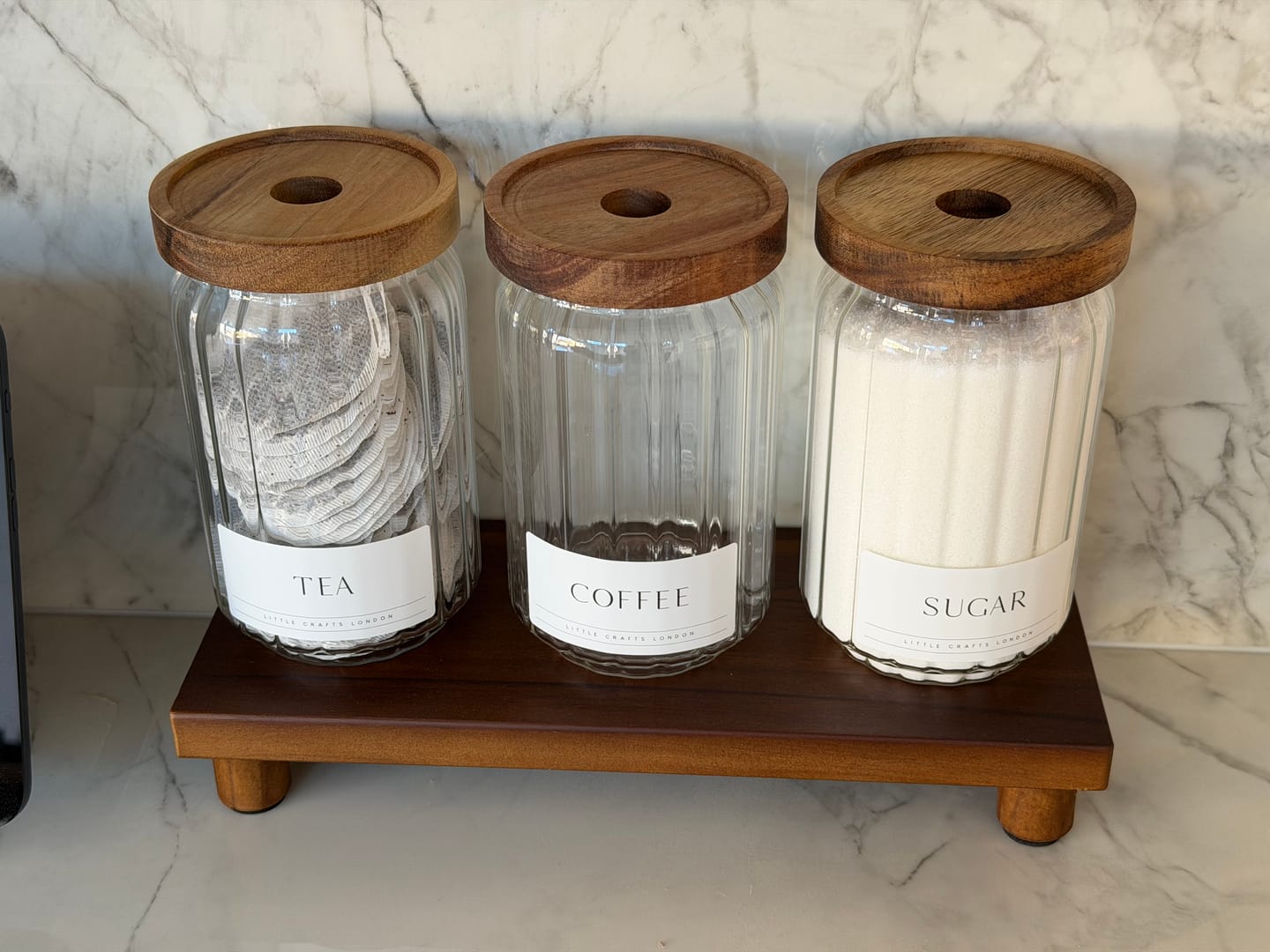 Customer photo review of Ribbed Set of 3 Acacia Glass Jars Tea, Coffee and Sugar 750 ML & Rectangle Tray