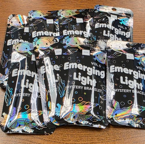 Customer's view of multiple shiny, black pouches from their Mystery Club+ 'Emerging Light' delivery.
