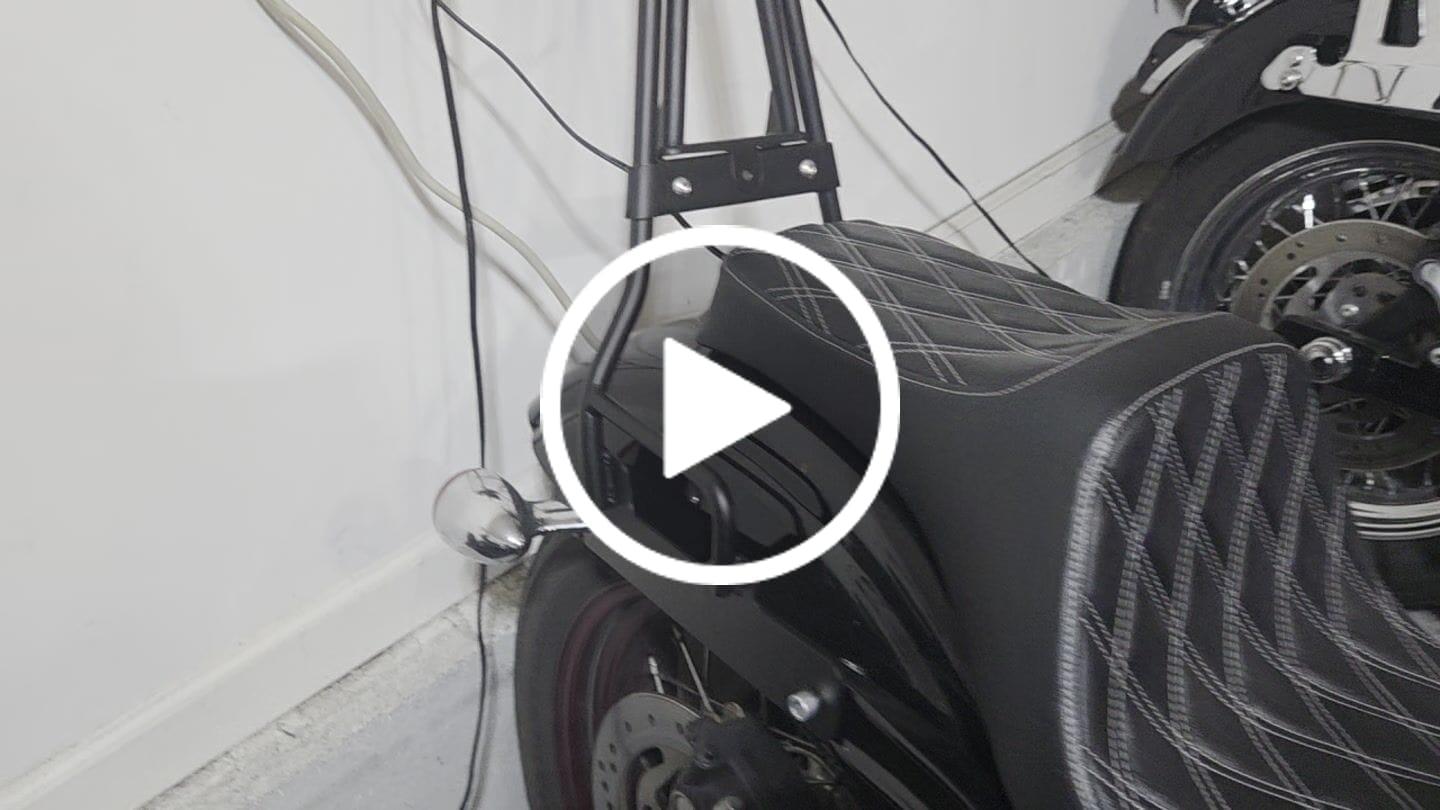 Customer video review of Iron Born Blade 25" Sissy Bar with Foldable Luggage Rack for Harley Dyna Street Bob FXDB Matte Black