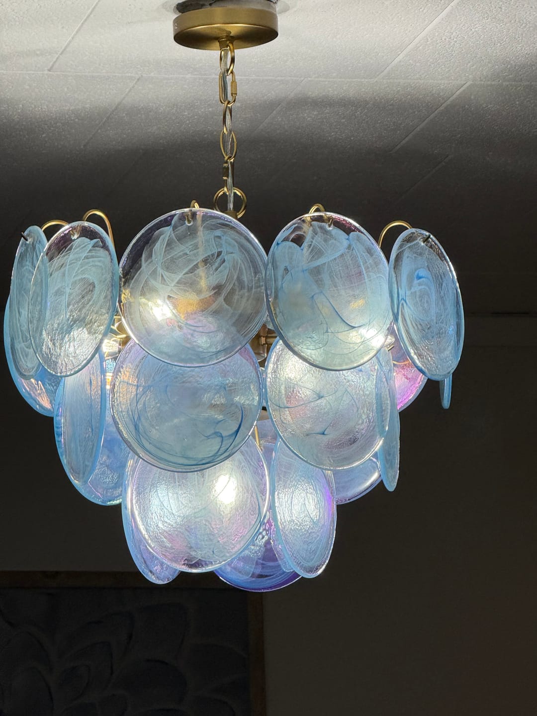 Customer photo review of Glam Blue Iridescent Swirl Glass Round Tiered Chandelier