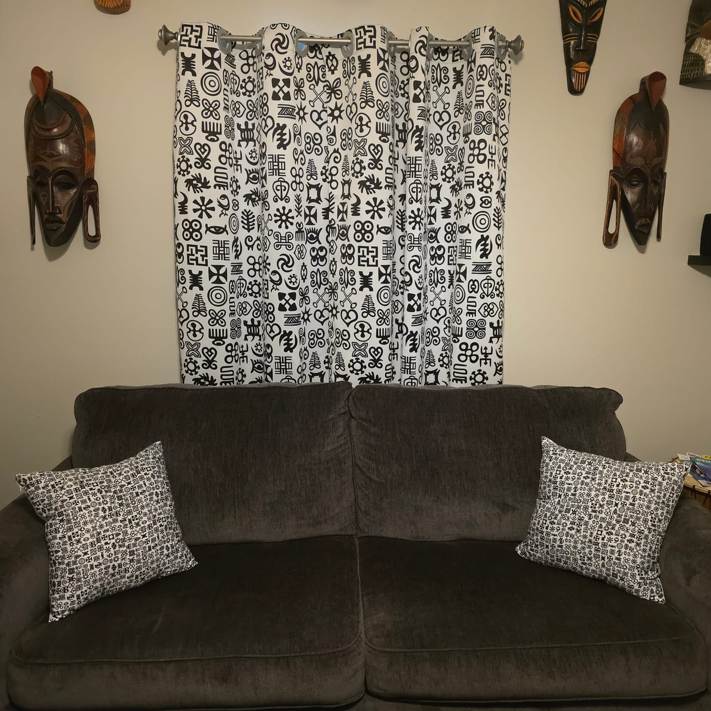 Customer photo review of Black And White Adinkra Tribe Symbols Grommet Curtain Panels
