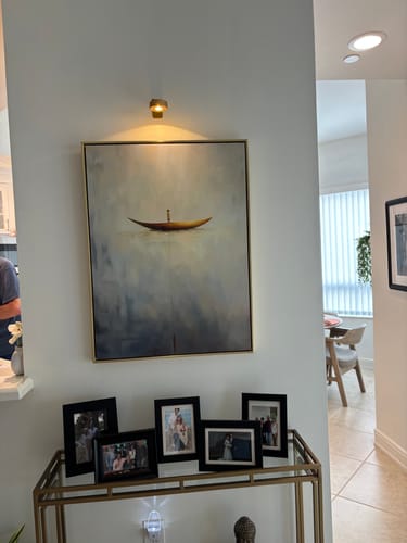 Customer photo review of Solitude Voyage: Contemporary Minimalist Wall Art - Neutral Brown & Grey with Gold Boat