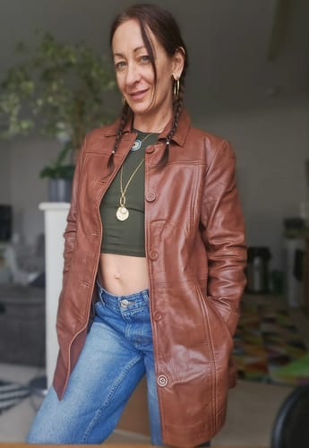 Customer photo review of Petite Women Cognac Waxed 3/4 Length Leather Coat