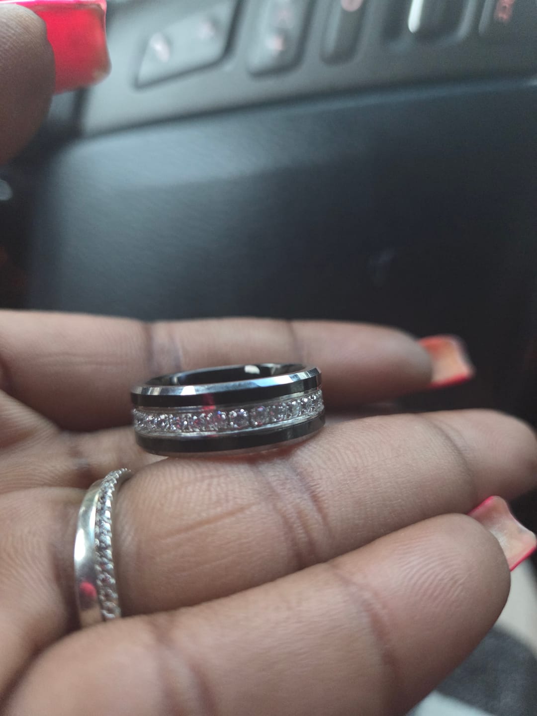 Customer photo review of 8MM - TUNGSTEN WEDDING BAND Polished Edges CUBIC ZIRCON BEVELED EDGE