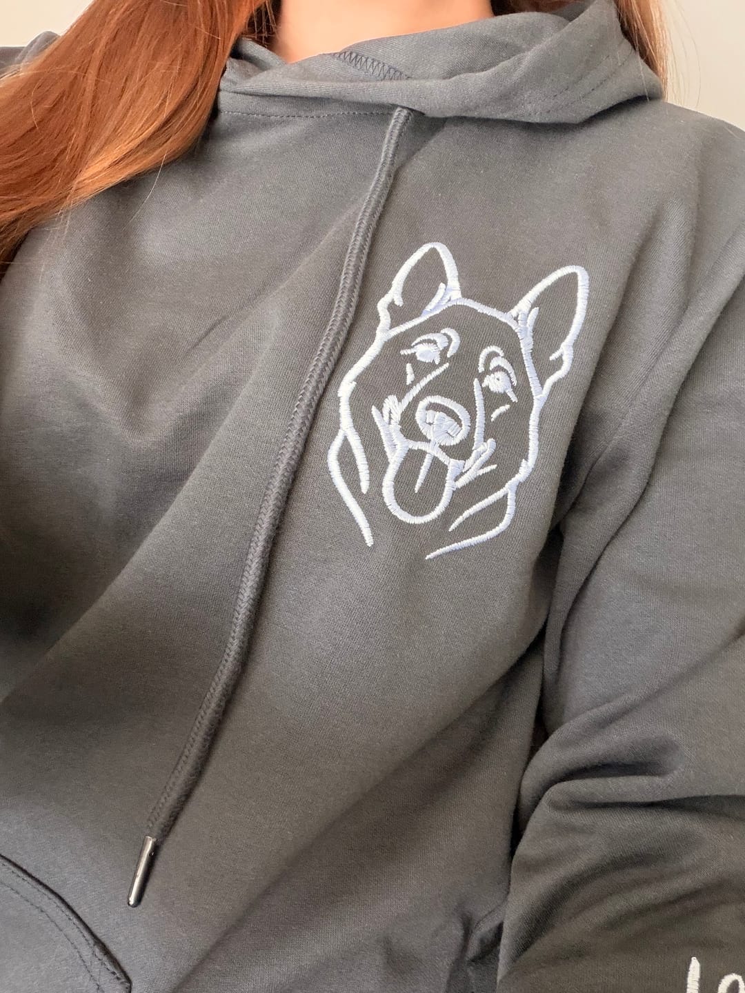Customer photo review of Embroidered Pet Face and Pet Name on Sleeve Sweatshirt for Pet Lovers