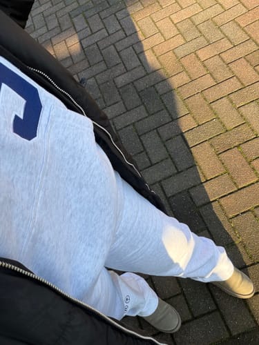 Customer photo review of '55 EMBROIDERY STRAIGHT LEG SWEATPANTS LIGHT GREY