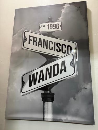 Customer's 'Couples Date of Love' canvas featuring street signs with the names 'Francisco' and 'Wanda' and 'EST. 1996'.