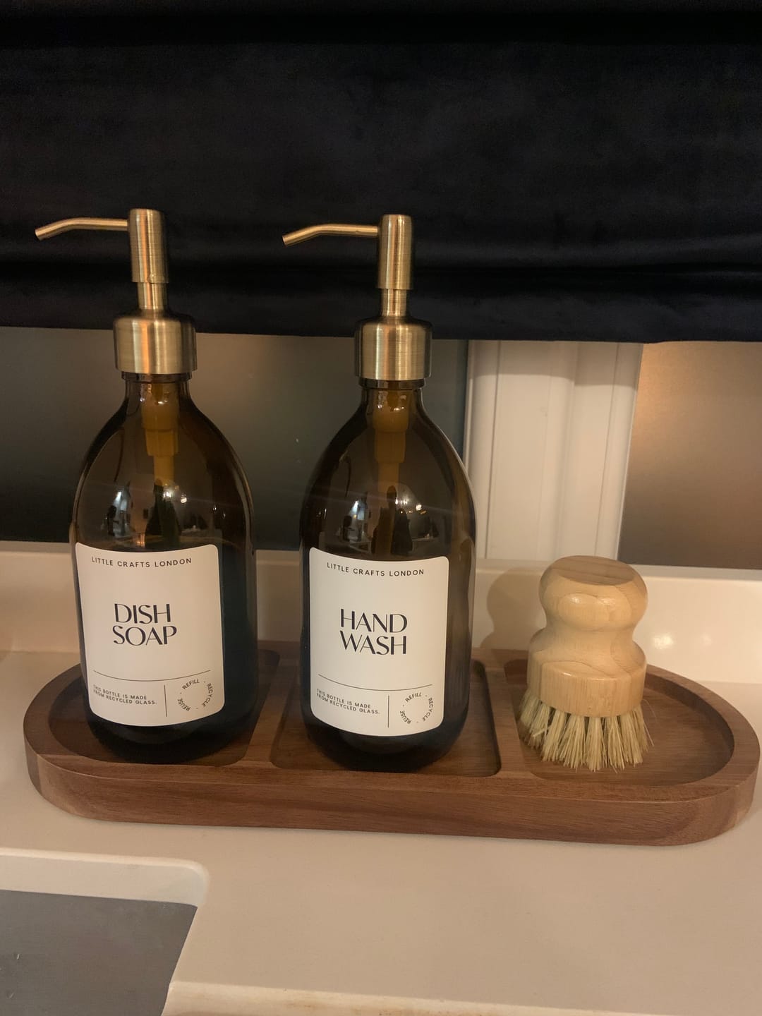 Customer photo review of Set of 2 Amber Glass Bottles 500 ML Long tray & Dish Brush