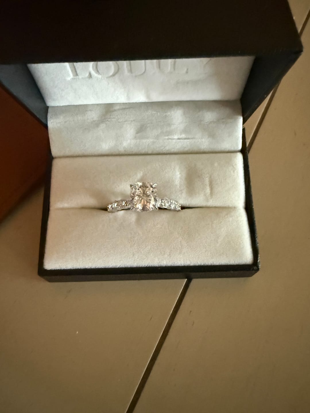 Customer photo review of S925 Moissanite 3.0 Ct Cushion Cut White Gold Engagement Ring In Sterling Silver