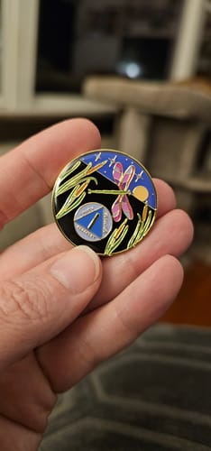 A reviewer holding the beautiful 1-year Dragonfly AA Recovery Medallion, showing its colorful enamel design.