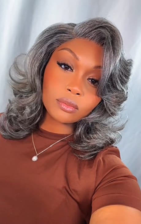 Customer photo review of Luvwin Salt & Pepper Layered Blowout Wave Beginner Friendly Glueless  Gray Wig 100% Human Hair