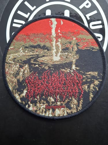 Customer's circular Blood Incantation Starspawn patch with a detailed red glitter logo and album art.