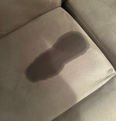 Customer shows a large wet spot on a couch cushion, a result of using the Lem Clitoral Massager.