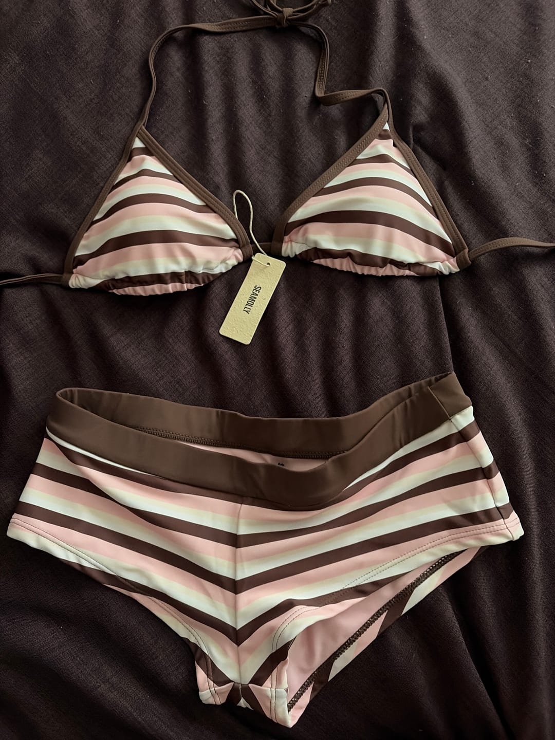 Customer photo review of Seamolly Colorblock Striped Halter Triangle Boyshorts Bikini Set
