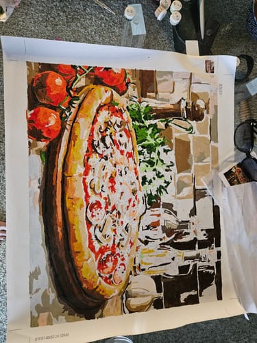 Customer's nearly completed Italian Pizza Paint by Numbers canvas, showing a colorful and detailed pizza scene.