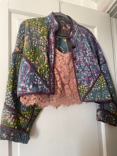 Customer photo review of The Kaira Cropped Quilted Indigo Kantha Jacket