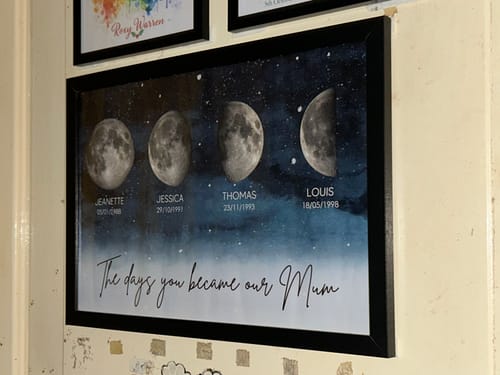 Customer's framed Starry Night personalised poster showing four birth moon phases with names and dates for their mum.