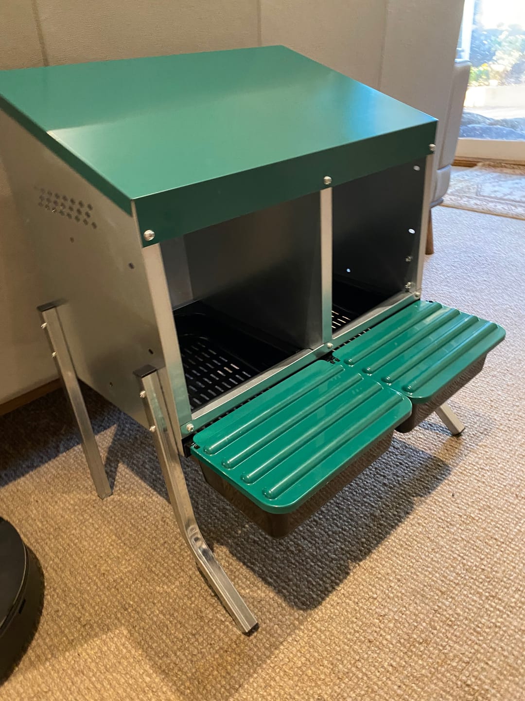 Customer photo review of Chicken Nesting Box Elevated Rollaway Laying Box 2 Compartment Green