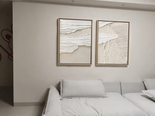 Customer photo review of Wabi-Sabi Layers: Beige Serenity-Textured Abstract Diptych Wall Art: Neutral Beige & Gray Framed Canvas Paintings for Modern Minimalist Home Decor