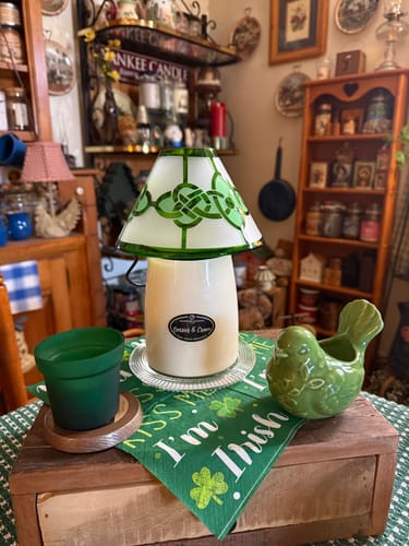 Customer's Berries & Cream Candle styled as a lamp with a green and white shade, surrounded by festive St. Patrick's Day decor.